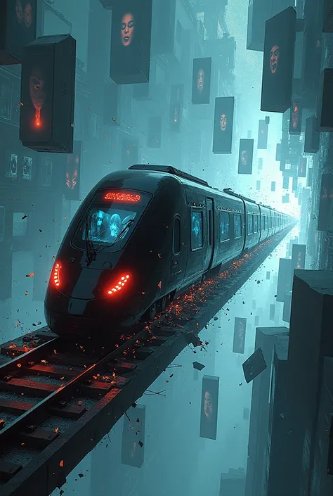 Uma arte fantastica, We see a black futuristic train with LED lights crossing several LCD screens, shattering them like broken glass everywhere,  FLOATING IN THE AIR , Shards and shards with faces reflected in the shards, a dreamlike art , poster style, in...