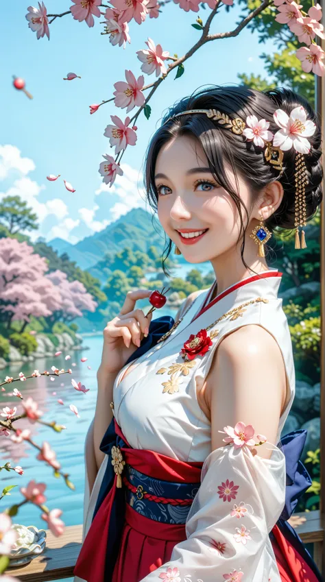 Character description : 
 woman, from the East , thick dough , bright bird’s eye , Wearing an exquisite ancient-style bun ,身穿精細長髮和花朵的 bright colors , sweet smile 。 
 
  Background Description : 
 Ancient cherry blossom forest scenery , heavenly light ,Exqu...