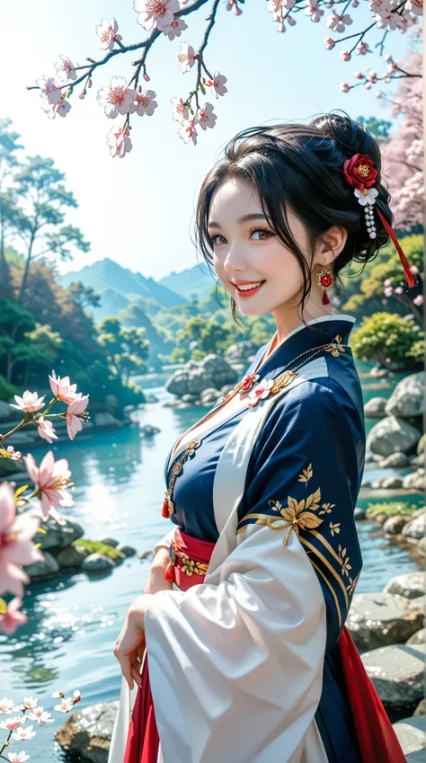 Character description : 
 woman, from the East , thick dough , bright bird’s eye , Wearing an exquisite ancient-style bun ,身穿精細長髮和花朵的 bright colors , sweet smile 。 
 
  Background Description : 
 Ancient cherry blossom forest scenery , heavenly light ,Exqu...