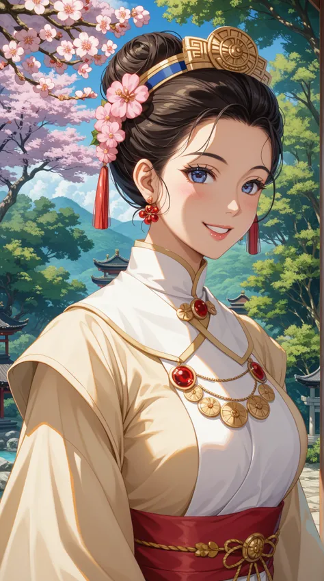 Character description : 
 woman, from the East , thick dough , bright bird’s eye , Wearing an exquisite ancient-style bun ,身穿精細長髮和花朵的 bright colors , sweet smile 。 
 
  Background Description : 
 Ancient cherry blossom forest scenery , heavenly light ,Exqu...