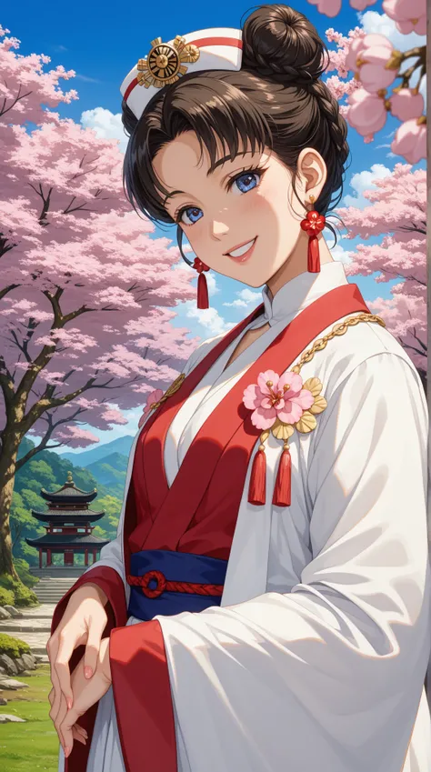 Character description : 
 woman, from the East , thick dough , bright bird’s eye , Wearing an exquisite ancient-style bun ,身穿精細長髮和花朵的 bright colors , sweet smile 。 
 
  Background Description : 
 Ancient cherry blossom forest scenery , heavenly light ,Exqu...