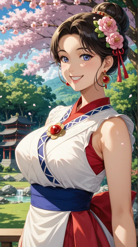 Character description : 
 woman, from the East , thick dough , bright bird’s eye , Wearing an exquisite ancient-style bun ,身穿精細長髮和花朵的 bright colors , sweet smile 。 
 
  Background Description : 
 Ancient cherry blossom forest scenery , heavenly light ,Exqu...