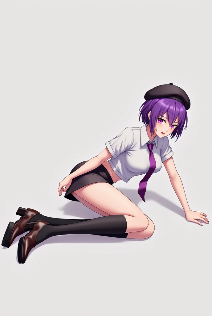 Beret　Short Hair　Purple Hair　 miniskirt　 black knee-highs on both legs　 purple tie　Short sleeve shirt　Leather shoes　Lie down and spread your legs