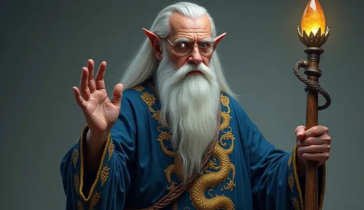 An elderly man with a lean yet robust figure, his face adorned with a long, silver beard and sharp, hawk-like eyes that glow faintly with magical energy. He wears a flowing, deep blue robe embroidered with golden dragon motifs and carries a wooden staff ca...