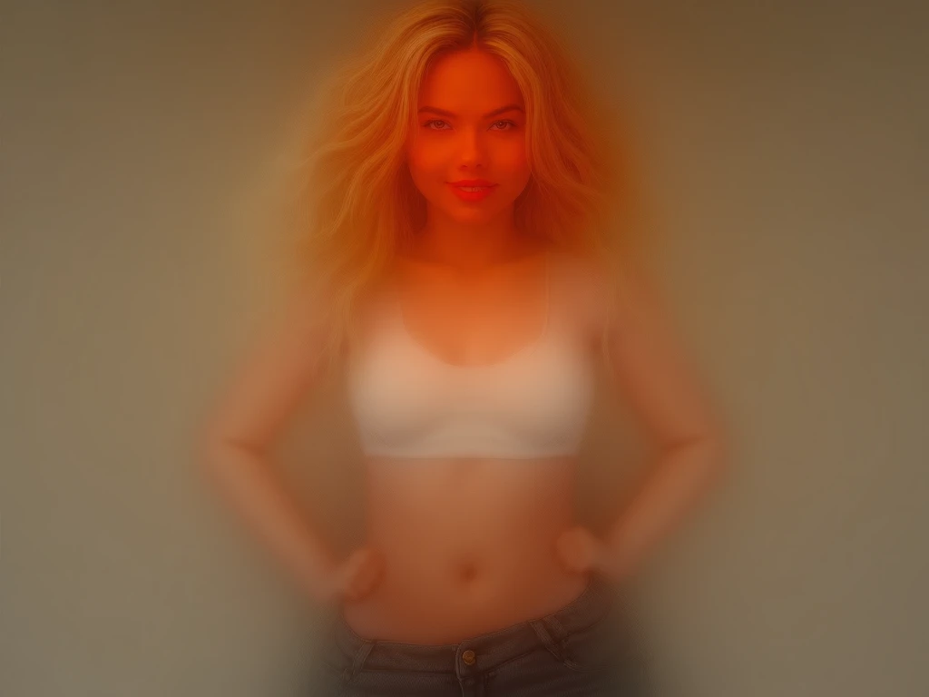  Create a blonde woman , Young, Ultra Realistic, Wearing jeans showing off the belly,  lifting the t-shirt