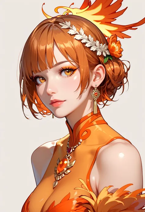 score_9, score_8_up, score_7_up, beautiful, perfect eyes, Orange Zinnia, Bold Fringe hair, Phoenix-Born nude woman