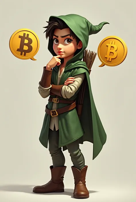 Robinhood character contemplating between Bitcoin and US dollar, confused expression