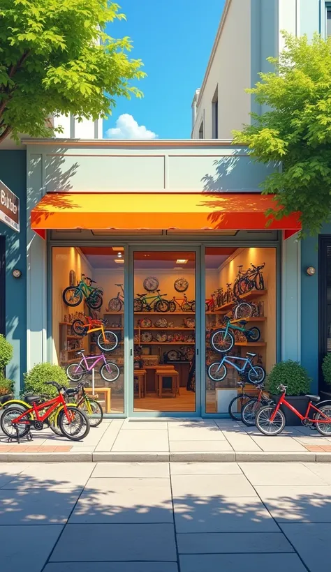 A realistic, front-facing view of a rens bicycle shop on a bright, sunny day. The shop has a clean and colorful facade, with a large glass window displaying neatly arranged rens bicycles in various vibrant colors. The entrance features a wide-open glass do...