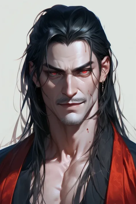 A handsome 25 year old man, pale skin, blood red eyes, long black hair