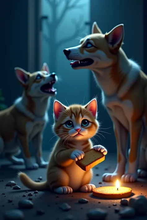 In the dark night, dogs start barking and cat started crying and looks afraid and the piece of bread are in kitten hand 