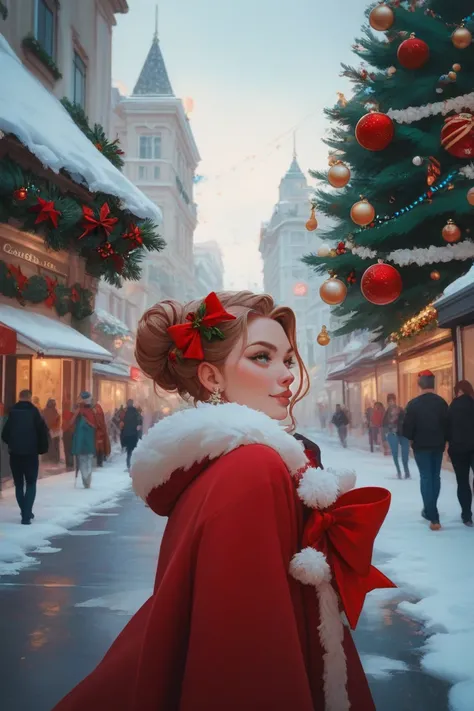 A beautiful street of ,  decorated for Christmas . Lots of garlands all around ,  red bows and a decorative Christmas tree in the distance.