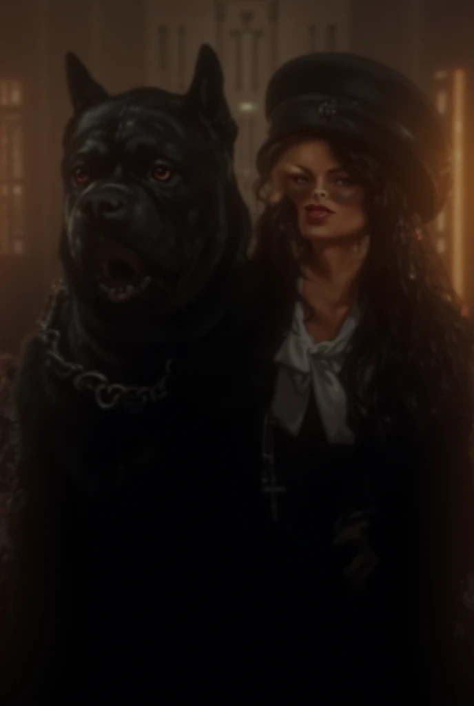 @--image --ar 9:16 "A large, muscular black Cane Corso with red eyes, and a chain around his neck, next to a beautiful young Latina woman with long dark hair and tanned skin, wearing a three-piece suit with a 1920s overcoat, the suits shirt is white with a...