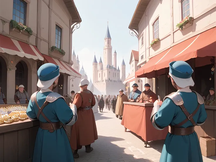 Daytime, parade of toy soldiers, medieval European cityscape