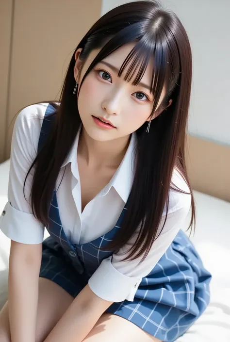 Alone、 Natural Body Shapes、   white skin、  Natural Cosmetics   、   black hair、bangs、   shes very tall 、、(expensive  、barefoot、   white blouse 、 blue plaid pleated skirt to cover white pants)、、(   open legs:1.3)、((  and my upper body is wearing a uniform))、...