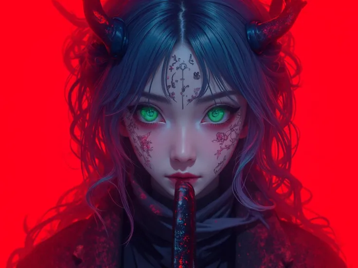  A beautiful young Korean woman .
Gray hair , Chanel style.
Emerald green eyes, expressive, obfuscating, bioluminescentes. 
 angry expression .
tattooed face.
2 horns on the forehead.
 snow-white skin .
 You are holding a katana sword horizontally with you...