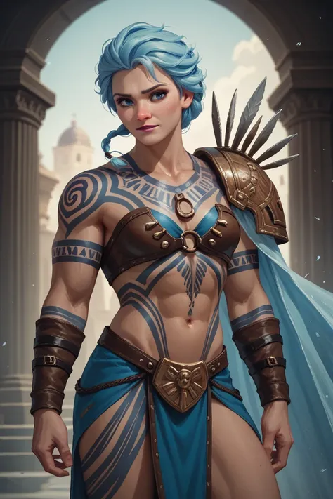 , masculine, Frozen Earth , Barbarian outfit ,  body tattoo, Blue hair ,  ancient Greek theme