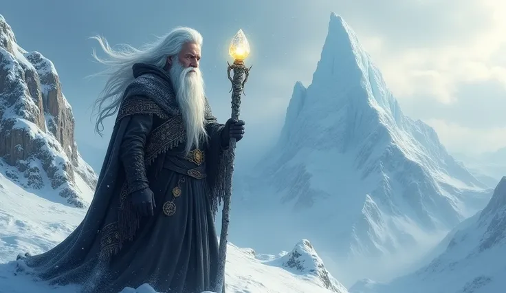 Master Eldrin, a wise and ancient wizard, stands at the peak of the frozen Vermis Mountain, his long, silver beard blowing in the icy wind. Clad in a deep, dark cloak adorned with mystical runes, his piercing eyes glimmer with the knowledge of centuries. T...