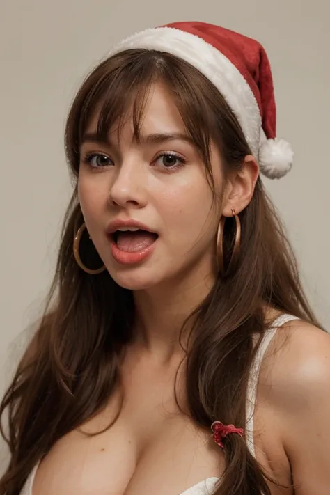 1girl, Solo, High Resolution, Long Hair, Breasts, Open Mouth, Bangs, Brown Hair, Simple background, Earrings, Best Quality, High Resolution, Accurate, Super Detailed, Tongue, Happy, Light Blush, Moaning, Santa Hat, 