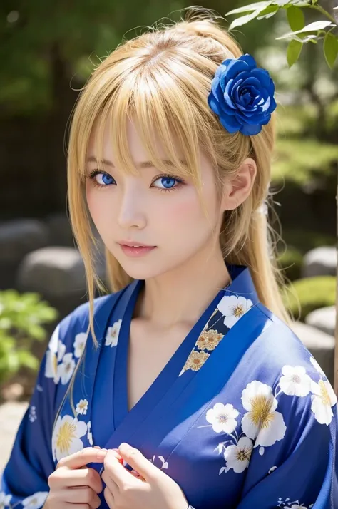  draw a blond, blue-eyed Japanese woman、 kimono、Blood type is O