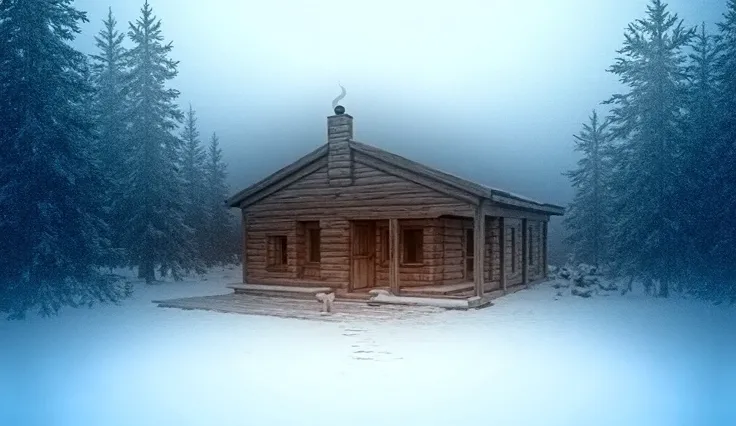 A charming wooden cabin nestled in the mountains, surrounded by snow-covered pine trees. Soft smoke rises from the chimney, suggesting a warm fire inside, while a path of fresh footprints leads to the front door, creating a cozy and inviting scene