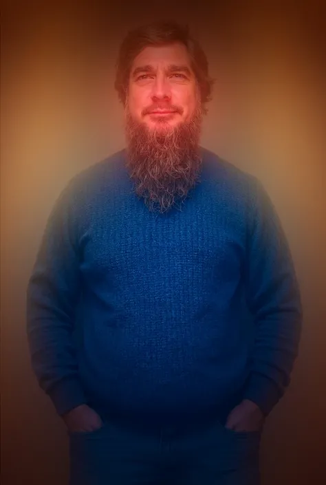  A 40-year-old man with a short beard ,  short brown hair  ,A blue Christmas sweater  , a little belly and jeans 