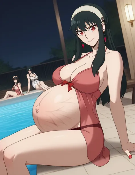 score_9, score_8_up, score_7_up, source_anime,
yorbriar, yor briar, black hair, red eyes, earrings, white hairband, hairband, long hair, sidelocks,
bare shoulders, Nightgown, panties, thighs, Sitting,
Pool, smile, Posing, Nail polish, 
looking at viewer, d...