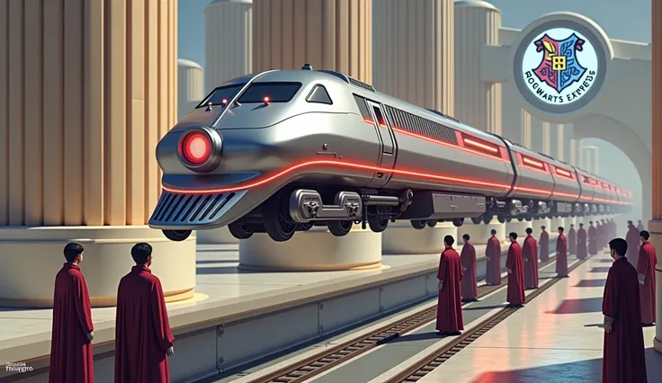 A levitating train bases in Howards express from harry potter, with sleek metallic design and glowing energy rails, surrounded by amazed ren in futuristic wizard robes, with a glowing Hogwarts crest floating in the air.