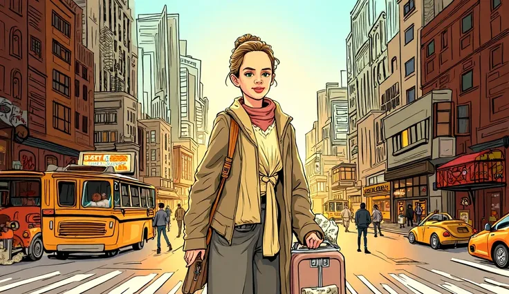 A stylized drawing of a young woman, approximately 25 years old, with light brown hair in a loose ponytail, soft green eyes, and fair skin, standing confidently on a lively New York City sidewalk. She holds a crumpled subway map in one hand, with her suitc...