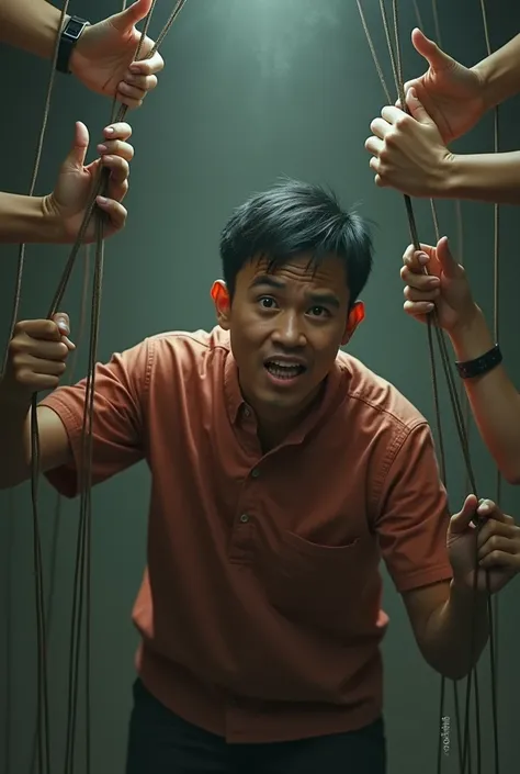 An indonesian man 25 years old, black short hair, being manipulated like a puppet 