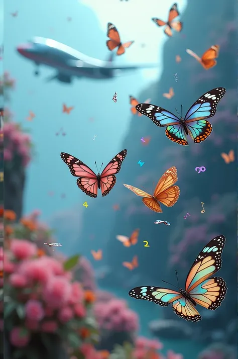 butterflies, plane,  musical notes , letters, numbers, 3d digital art magic style blurred blue background 