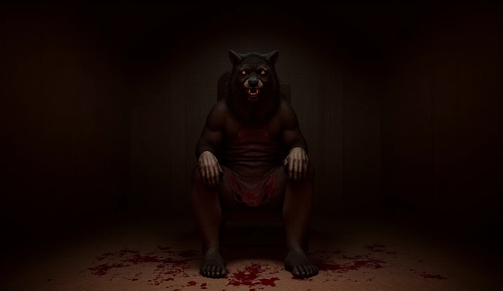  Create the ultra realistic image of a butcher with the head of a wolf, ,  sitting on a chair in a cabin, with several strings thrown across the floor 