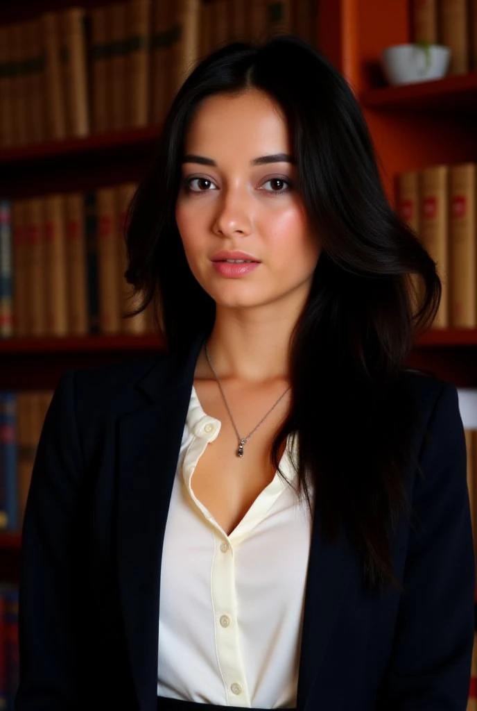 Mobile photo of a very beautiful Armenian woman in an office setting. She is wearing a white shirt and a dark blazer. She has black hair and a necklace. The background contains a wooden shelf and books. Very realistic photo for social networks. Super reali...