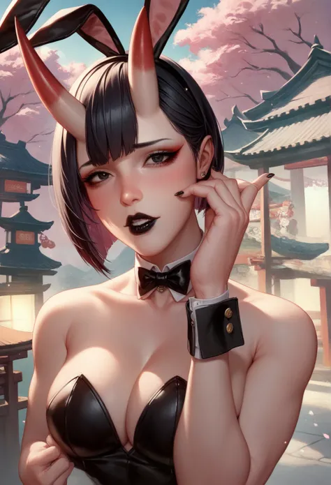 16k, massive Details, (())), one Girl with two Oni horns in fair white like human skin , kurze schwarze Haare , Sharp Bob cut ,black lipstick , completely black eyes, 5 Finger pro Hand , dressed in sexy bunny suit black , (perfekter Körper) , Japanese ligh...