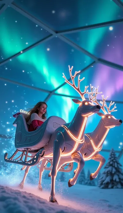 A high-tech sleigh hovering just above the surface of a futuristic biodome, pulled by glowing robotic reindeer with sleek metallic bodies and illuminated antlers. A young girl in a futuristic holiday outfit sits in the sleigh, her hair flowing in zero grav...