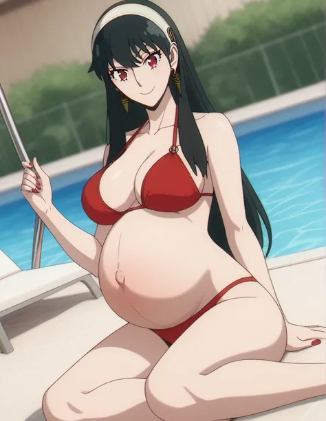 score_9, score_8_up, score_7_up, source_anime,
yorbriar, yor briar, black hair, red eyes, earrings, white hairband, hairband, long hair, sidelocks,
bare shoulders, bikini, panties, thighs, Sitting,
Pool, smile, Posing, Nail polish, 
looking at viewer, dutc...