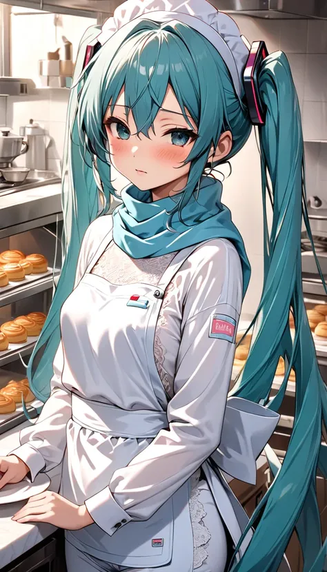 (( Hatsune Miku )), (( cute pastry chef、White long sleeve shirt、 apron、Light blue pants、light blue scarf tie、 delicate white lace decoration )),    top quality ,  very detailed, (half-closed eyes, sexual meanings)（Height: 160cm）、(( anatomically correct bod...