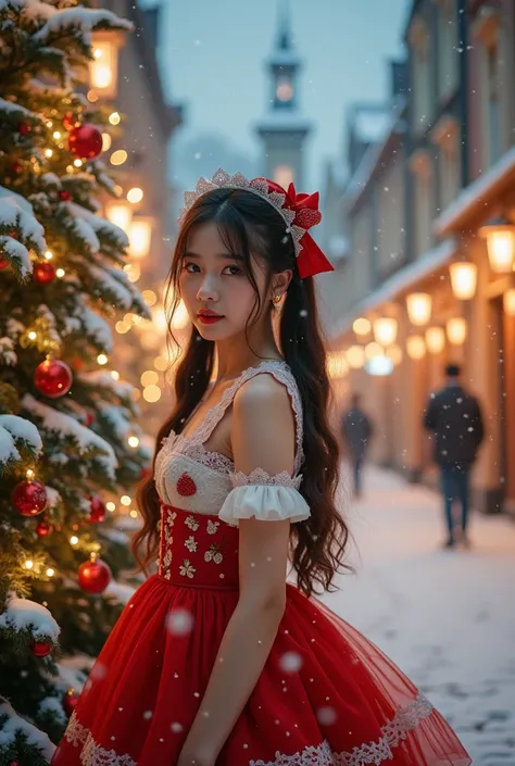 Masterpiece, Asian young woman with long brown hair in pigtails, wearing a red and white lolita dress with lace and strawberry details, standing next to an ornately decorated Christmas tree in a snowy European-style city street at night. Soft, warm lightin...