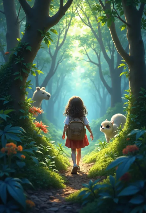 GIRL WALKS THROUGH THE WOODS IN THE ANIMAL WORLD