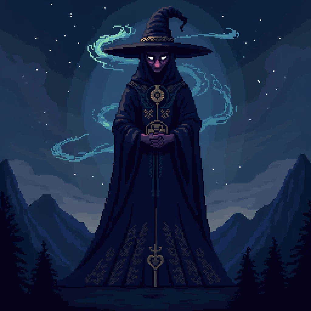 Pixel art of a night wizard