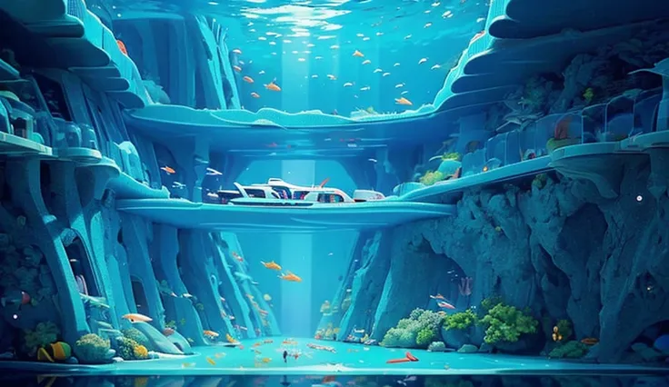 A modern spaceship through a futuristic underwater car tunnel through the ocean floor. The tunnel is made with transparent glass walls offering a panoramic view of the sea depths. Behind the glass is a deep blue ocean teeming with sea creatures, schools of...