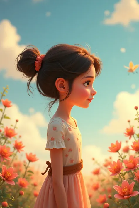 Imagine une petite fille représentant la spiritualité avec des couleurs douces, inspiré de l’univers Pixar qualité