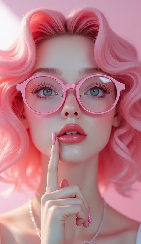 A girl in a pink dress with curly hair in pink wearing pink round glasses with extended nails and painted lips  