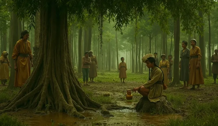 A young girl kneeling by the roots of a tree, pouring water and whispering to it, while villagers watch from a distance."
(A girl in a simple dress kneeling at the base of a large tree, pouring water from a jug, her lips moving softly as villagers in tradi...