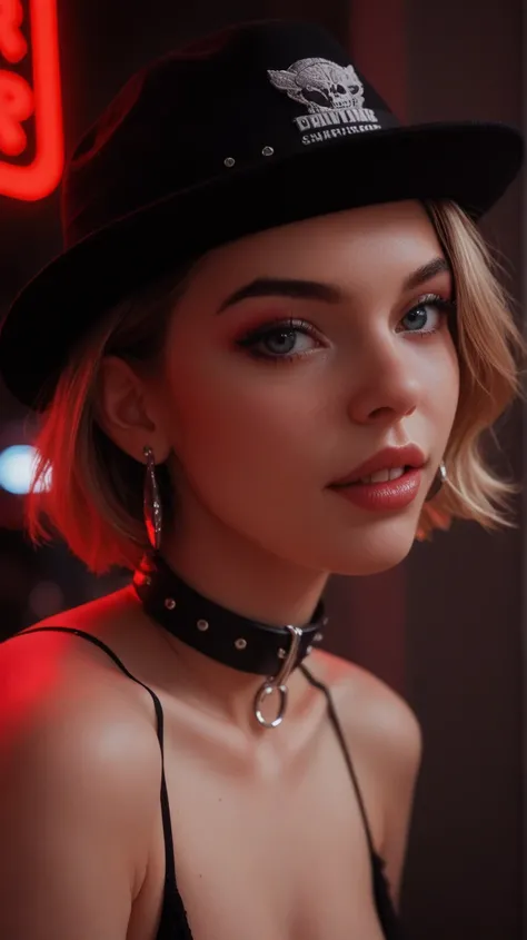 Close-up do rosto e corpo, Alternative girl, intimate photos, collar,  neon light reflections on the skin, earring, makeup,  skin imperfections ,  short hair, hat, neon light background , low light,  depth of field , highly detailed,  high contrast ,  movi...