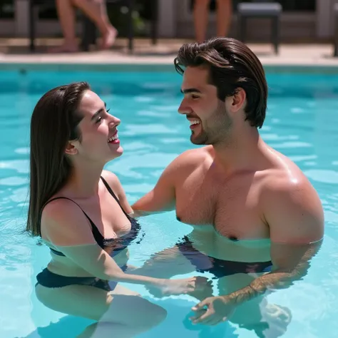 Pretty and cute teen movie star Jennifer Connelly is happily enjoying nude swimming with a muscular lover. 
They are in the swimming pool under bright sun light. 
Jennifer is giving a beaming smile at her lover.
at her age 15,
very realistic photography,(m...