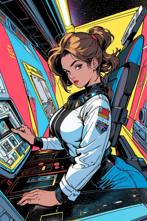 (((Top Quality Masterpiece ))),(((solo:1.2))),((( 1 woman :1.2))), 32K Highly Detailed Wallpaper , Retro Vintage Style ,(dynamic Angles),(((Overwhelming highlights))),((most complex machine)), American comics with a very flashy color scheme,80s space thril...