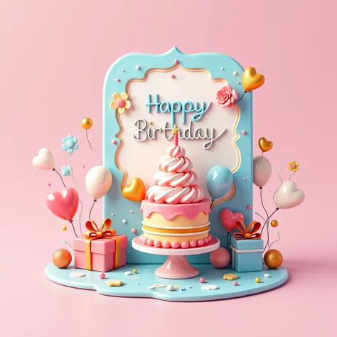 Card bander fantasy colour  pink fascia  and blue border  frame  white , Gift box , cake  , include name is  Happy  Birth  Day . 3D style .