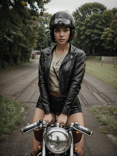 (Riding on motorcycle:1.2)、(Vintage Bikes、Bluff Superior SS100)、 Beautiful young woman、1 person、Beautiful Face, Beautiful and delicate eyes, Black Hair, Short Bob Hair、Classic Leather Jacket、Cromwell helmet with goggles、After the Rain、Isle of Man Races、Eng...