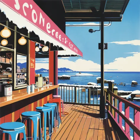 (masterpiece, best quality:1.1),90s record cover art,city-pop,title of the song is "snowy winter",fashionable,snowy,cafe,wood deck,girls Profile,seaside, inspired by Hiroshi Nagai cmyk palette,illustration by Hisashi Eguchi,(white outline),