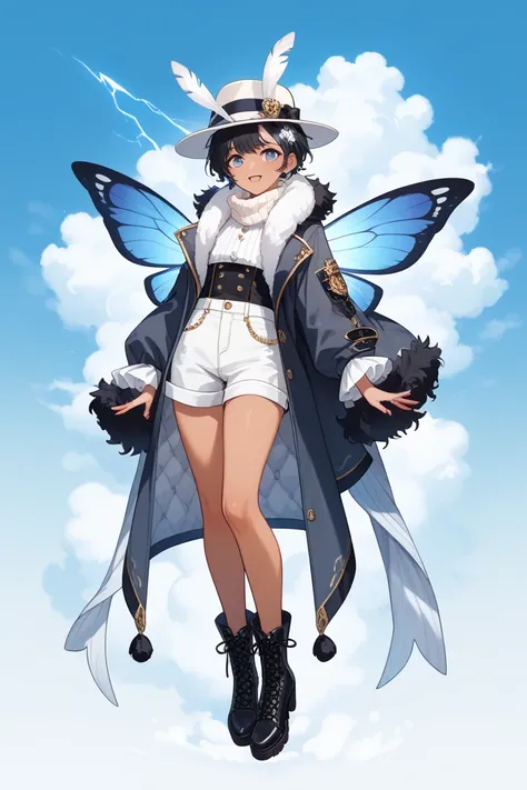 full body, femboy, fully clothed, An illustration, (masterpiece、最high quality、high quality), pure white background, Character design, Character sheet,  sleek fedora hat with a soft, fluffy brim that looks like its made of clouds. The hatband is adorned wit...